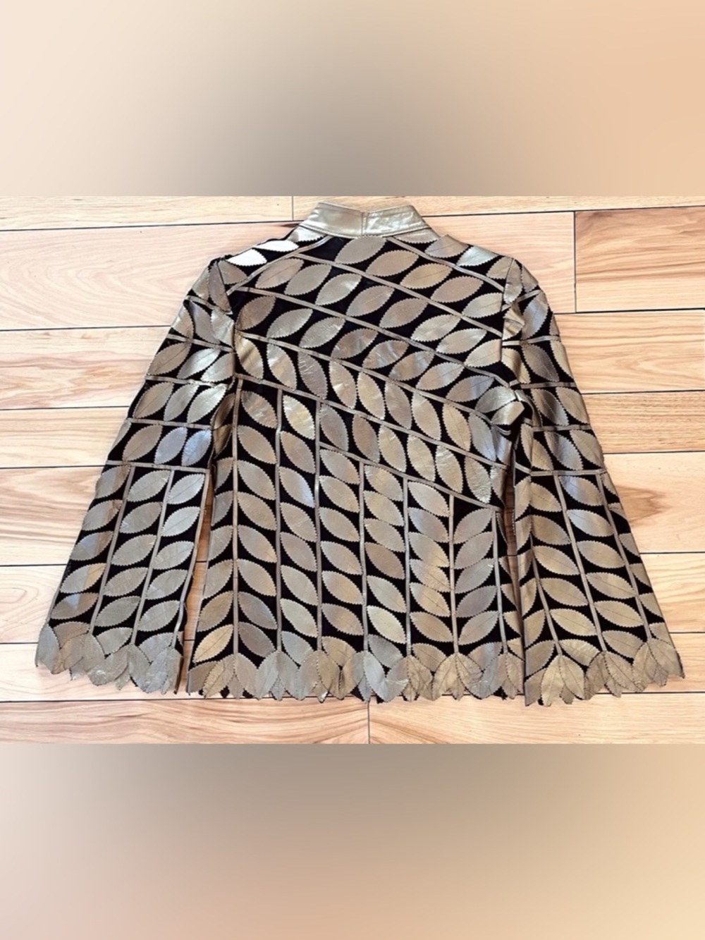 KANAR Metallic Gold Leather & Mesh Leaf Pattern Zip Jacket Sz Small made Turkey - Picture 3 of 8